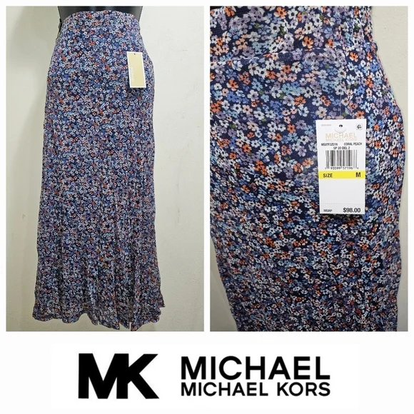 Michael Kors Blue Coral Floral Long Women's Skirt Lined Medium - Picture 2 of 11